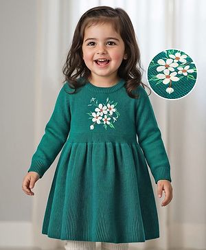 Babyhug Woollen Knit Full Sleeves A-Line  Dress with Floral Embroidery - Teal Blue