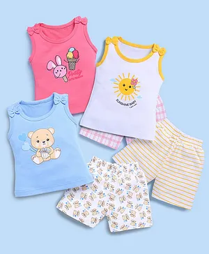 blushh berry Cotton Knit Pack Of 3
                              Sleeveless Baby Animals Printed Tees &
                              Shorts Set - Red White & Blue