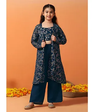 Fashion Dream Georgette Knit Floral
                              Swirls Embroidered Sequins Embellished
                              Crop Top & Palazzo With Full Sleeves
                              Shrug Set - Rama