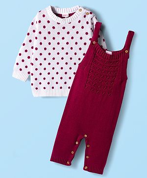 Babyhug Sweater Knit Winter Wear Dungaree Style Romper & Full Sleeves Inner Tee With Polka Dot Design - White & Wine