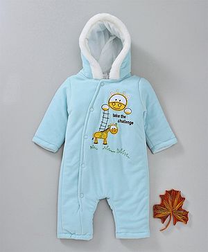 Babyhug Hooded Winter Wear Romper Giraffe Embroidered  - Aqua Blue