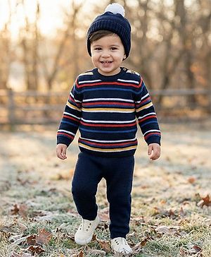 Babyhug Cotton Knitted Full Sleeves Striped Sweater Set With Cap - Navy Blue