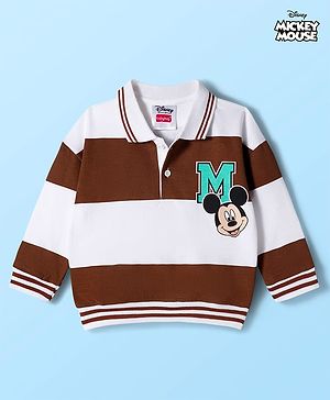 Babyhug Disney Terry Knit Full Sleeve Drop Shoulder T-Shirt with Front and Back Mickey Mouse Graphics - Brown & White