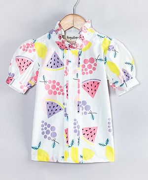 Hugsntugs Cotton Woven Half Puffed Sleeves Fruits Printed Top - White
