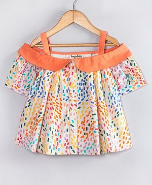 tugs Cotton Woven Cold Shoulder Sleeves Confetti Printed Shirt Style Top - Orange