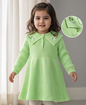 Babyhug Knitted Full Sleeves Woollen Dress With Floral Embroidery - Lime Green