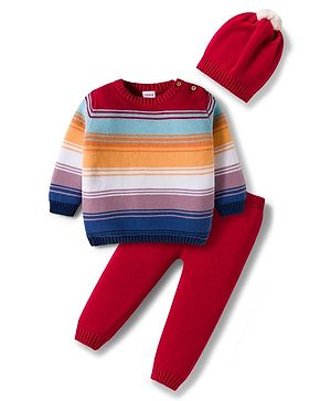 Babyhug Cotton Knit Full Sleeves Sweater Set with Cap  & Stripes - Red