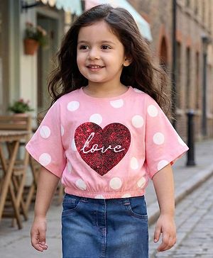 Babyhug 100 % Cotton Knit Half Sleeves Top with Polka Dot & Sequined Heart - Pink
