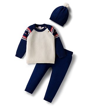 Babyhug Cotton Knit Full Raglan Sleeves Sweater Set with Fair Isle Design & Cap - Navy Blue