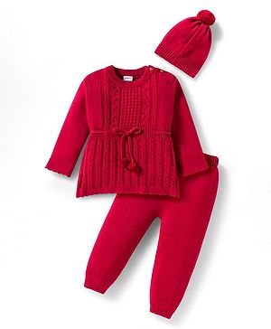 Babyhug Cotton Knit Full Sleeves Pullover Sweater Set with Cap & Cable Knit Design - Red