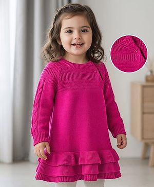 Babyhug Knit Full Raglan Sleeves A-Line Woollen Dress with Cable Knit Design - Dark Pink