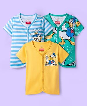 Babyhug Disney Interlock Knit Half Sleeves Jhablas With Donald Duck Print Pack Of 3 - Yellow Light Blue & Sea Green
