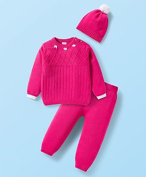 Babyhug Cotton Knit Full Sleeves Sweater Set with Bow Applique & Cap - Dark Pink