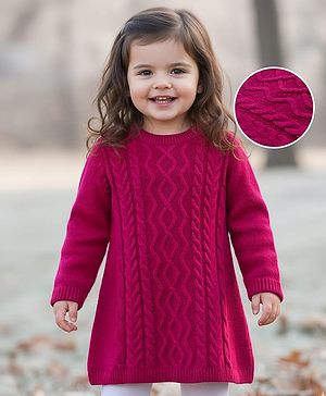 Babyhug Knitted Full Sleeves Woollen Dress With Cable Knit Design - Dark Pink