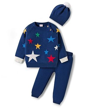 Babyhug Cotton Knit Full Sleeves Sweater Set with Cap  & Star Design - Navy Blue