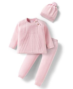Babyhug Cotton Knit Full Sleeves Pullover Sweater Set with Cap & Cable Knit Design - Pink
