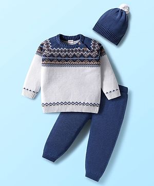 Babyhug Knit Full Raglan Sleeves Pullover Sweater Set with Cap & Aztec Design - Navy Blue