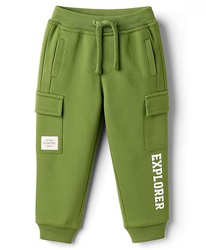 Babyhug French Terry Knit  Full Length Track Pant with Pockets & Explore Text Print - Green