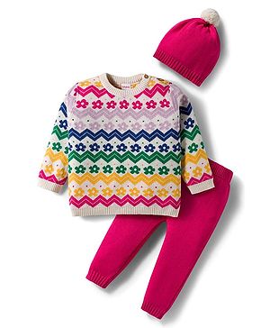Babyhug Cotton Knitted Full Sleeves Sweater Set With Floral Design & Cap - Pink & White