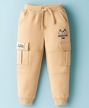 Babyhug Frenc Terry Knit Full Length Lounge Pant With Text Print - Beige