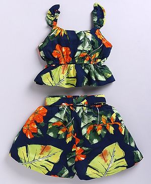 M'andy Woven Cap Sleeves Floral & Leaves Printed Crop Top & Coordinating Short Set - Navy Blue