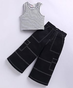 M'andy Cotton Knit Sleeveless Striped Crop Top & Pant Set - Black