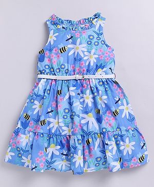M'andy Woven Sleeveless Floral & Honey Bees Printed Dress With Belt - Blue