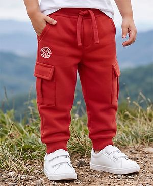 Babyhug French Terry Knit Full Length Lounge Pant With Text Print - Red