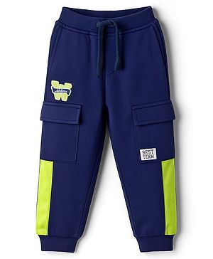 Babyhug French Terry Knit  Full Length Track Pant with Pockets & Best Team Text Print - Navy Blue