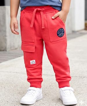Babyhug French Terry Knit Full Length Lounge Pant With Text Print - Red