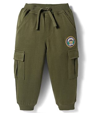 Babyhug French Terry Knit Full Length Lounge Pant with Patch - Olive Green