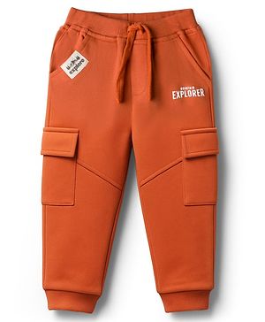 Babyhug French Terry Knit Full Length Lounge Pant With Text Print - Rust Orange