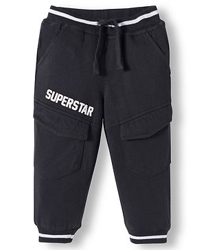 Babyhug French Terry Knit Full Length Lounge Pant With Text Print - Black
