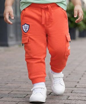 Babyhug French Terry Knit Full Length Lounge Pant with Pockets & Badge - Orange