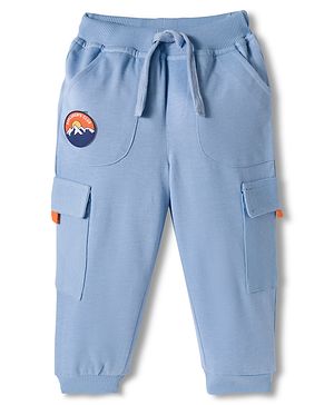 Babyhug French Terry Knit Full Length Lounge Pant With Text Patch - Light Blue