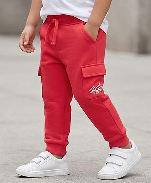 Babyhug French Terry Knit Full Length Lounge Pant with Adventure Text Print & Pockets - Red