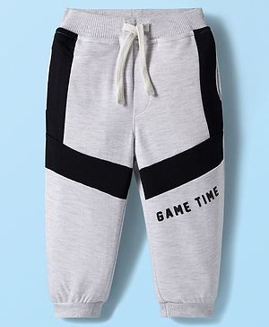 Babyhug French Terry Knit Full Length Lounge Pant with Game Time Text Print - Grey