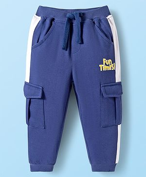 Babyhug French Terry Knit Full Length Track Pants with Pockets & Fun Times Text Print - Navy Blue