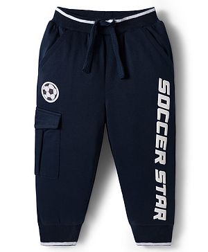 Babyhug French Terry Knit Full Length Lounge Pant with Text Print - Navy Blue