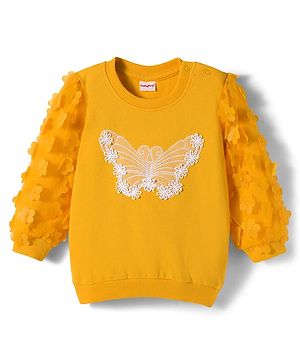 Babyhug Cotton Knit Full Sleeves Sweatshirt With Floral Applique - Yellow