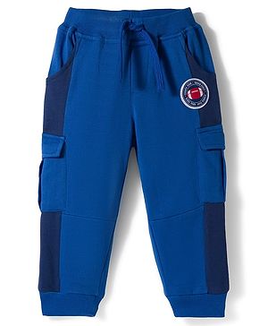 Babyhug French Terry Knit Full Length Lounge Pant With Text Patch - Blue