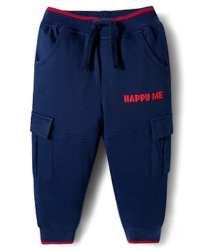 Babyhug French Terry Knit Full Length Lounge Pant With Text Embroidery - Navy Blue