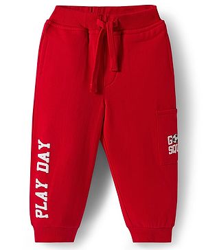 Babyhug French Terry Knit Full Length Lounge Pant with Play Day Text Print - Red