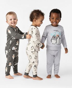 Bonfino 100% Cotton Full Sleeves Animal Printed Night Suit Pack Of 3 - Dark Grey Off White & Grey