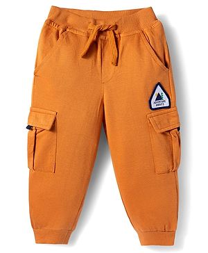 Babyhug French Terry Knit Full Length Lounge Pant With Text Patch - Brown