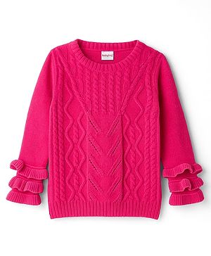 Babyhug Knit Full Sleeves Pullover Sweater with Cable Knit Design & Frill Detailing - Dark Pink
