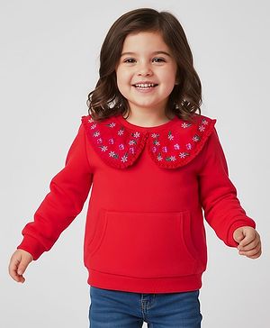 Babyhug Cotton Knit Full Sleeves Sweatshirt with Peter Pan Collar Floral Embroidery & Kangaroo Pocket - Red