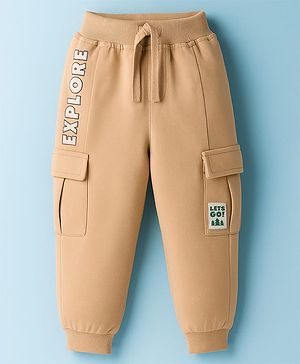 Babyhug French Terry Knit Full Length Lounge Pant With Text Print - Brown