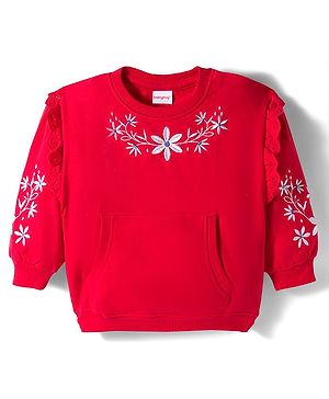Babyhug Cotton Knit Full Sleeves Sweatshirt With Floral Embroidery & Kangaroo Pockets - Red