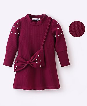Mark & Mia Full Sleeves Dress with Pearl Detailing & Bow Shaped Sling Bag - Maroon